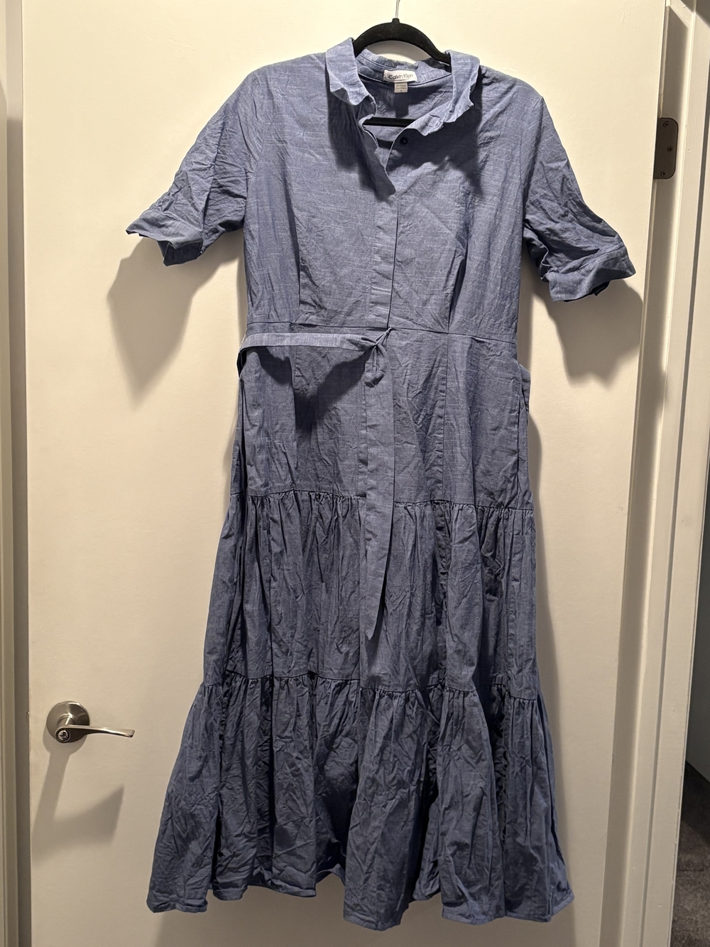 Calvin Klein Light Blue Tiered Button-Front Maxi Dress with Tie Waist